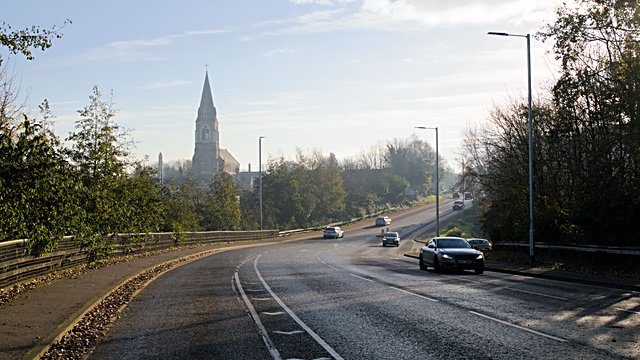 Church spire motorway traffic