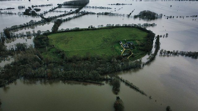 Flooded farmland island aerial