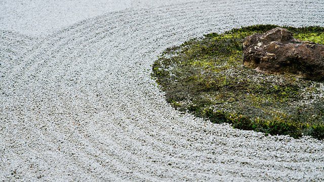 Zen garden raked sand moss rock